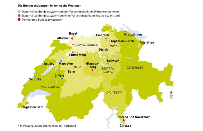 Grafik der Bundesasylzentren in den sechs Asylregionen