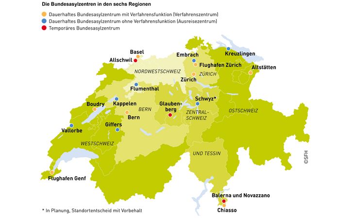 Grafik der Bundesasylzentren in den sechs Asylregionen