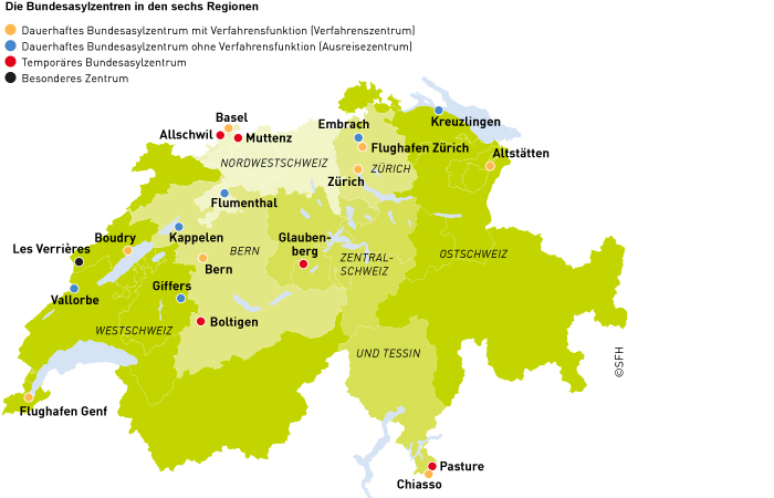 Grafik der Bundesasylzentren in den sechs Asylregionen